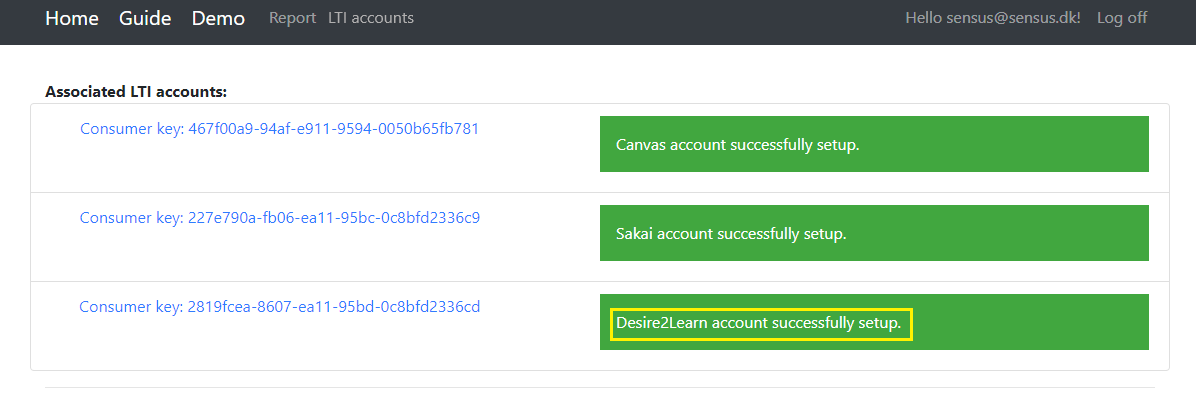 Screenshot showing that the associated lti account is set up correctly