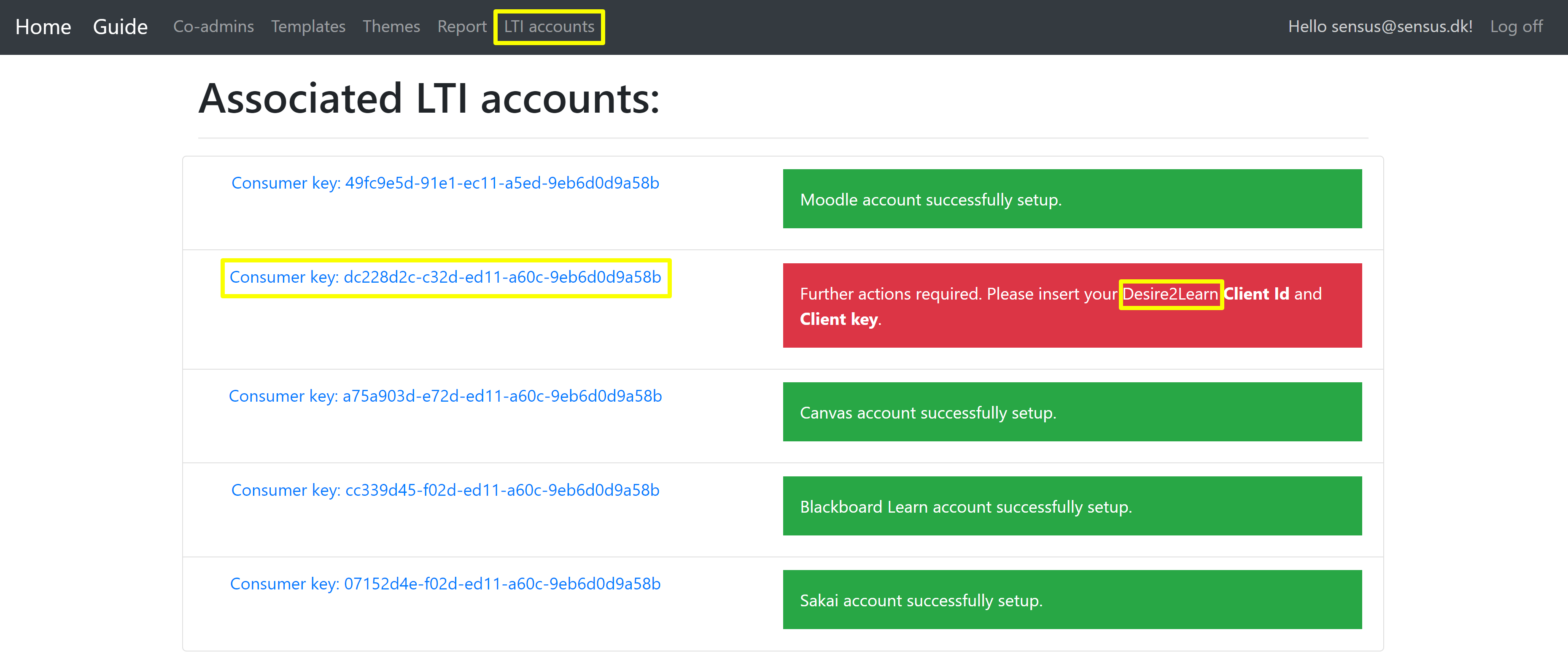Screenshot showing where to click for the associated lti accounts