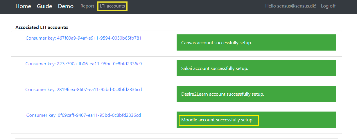 Screenshot showing that the associated lti account is set up correctly