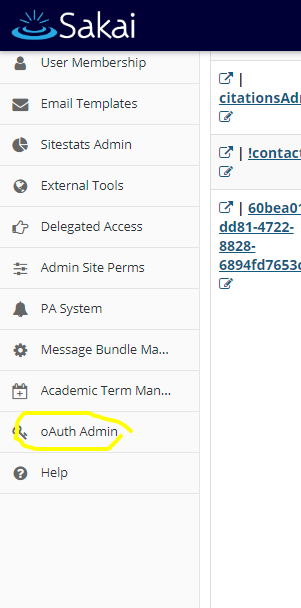 Screenshot showing Sakai oAuth Admin Menu.